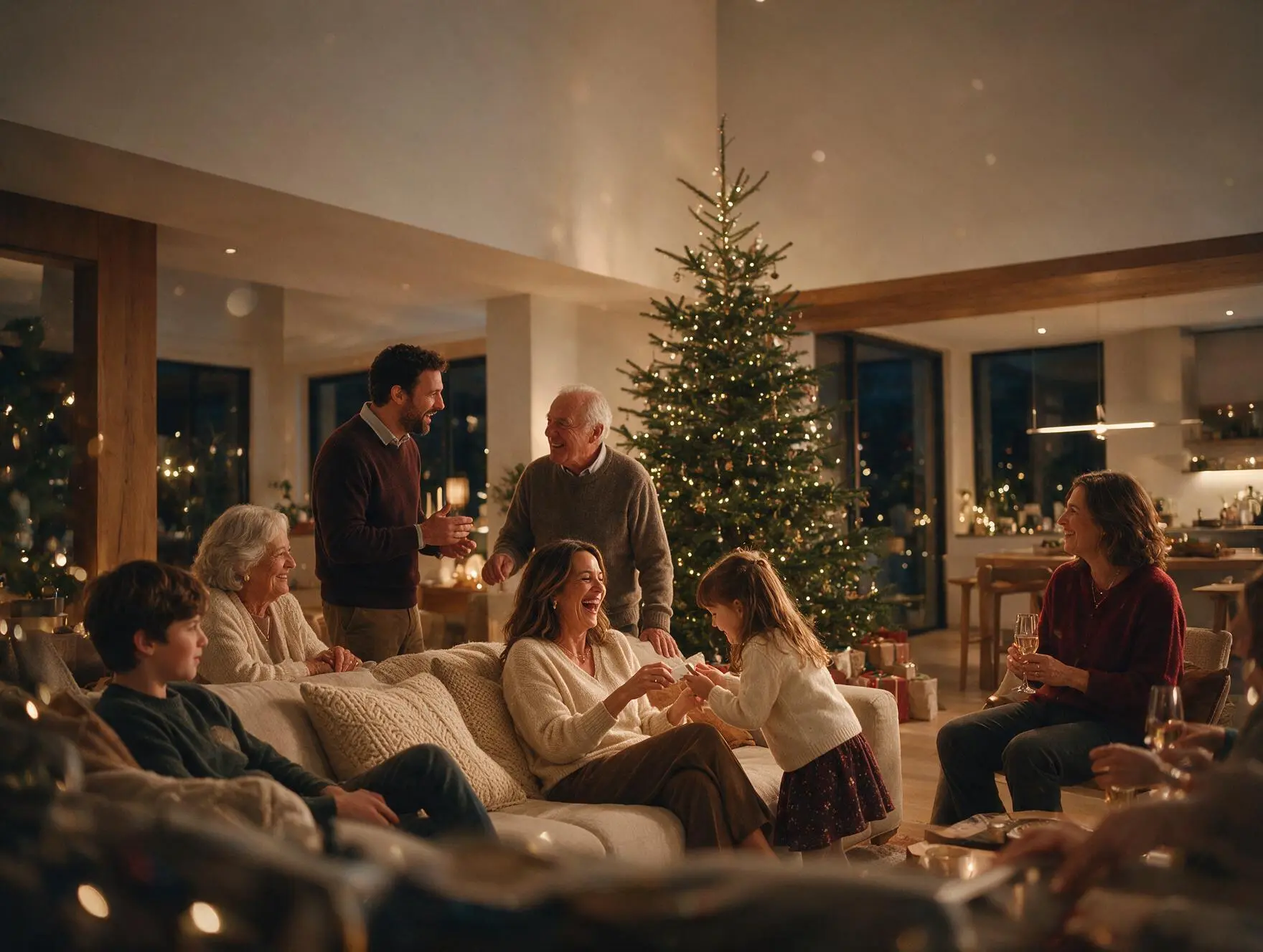 Familia reunida en Navidad compartiendo una cena en el salón