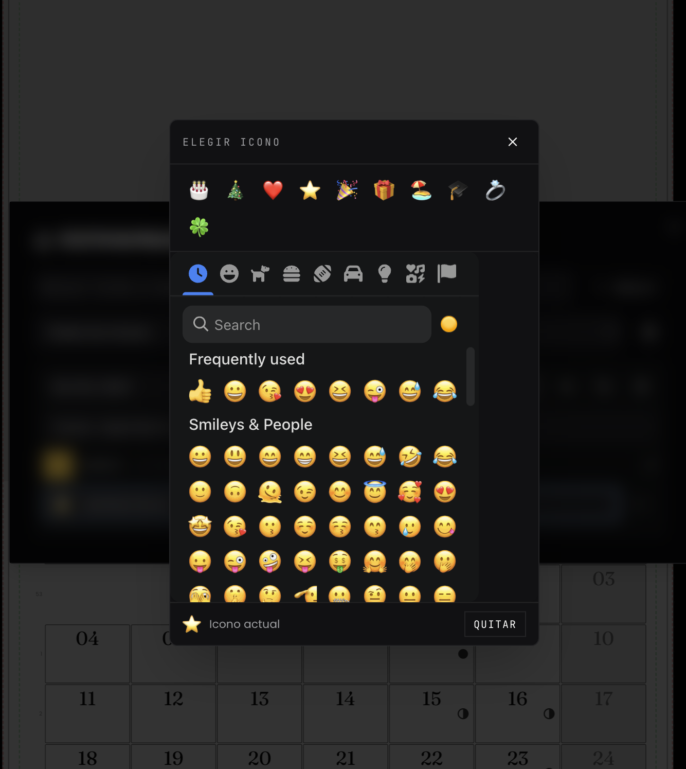 Selector de iconos con emojis para personalizar festivos