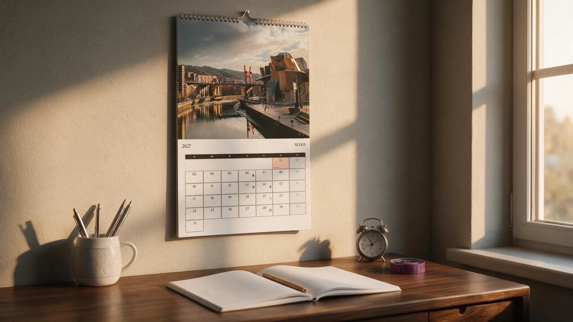 Calendario personalizado colgado en una pared junto a una ventana